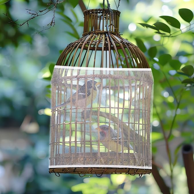 SHENLIU White Bird Cage Mesh Cover, Seed Collector Protective Meshs Cover, Adjustable Soft Breathable Mesh, Budgie Cage Bird Seed Collector Suitable for Parrot Cages Round and Square Cages