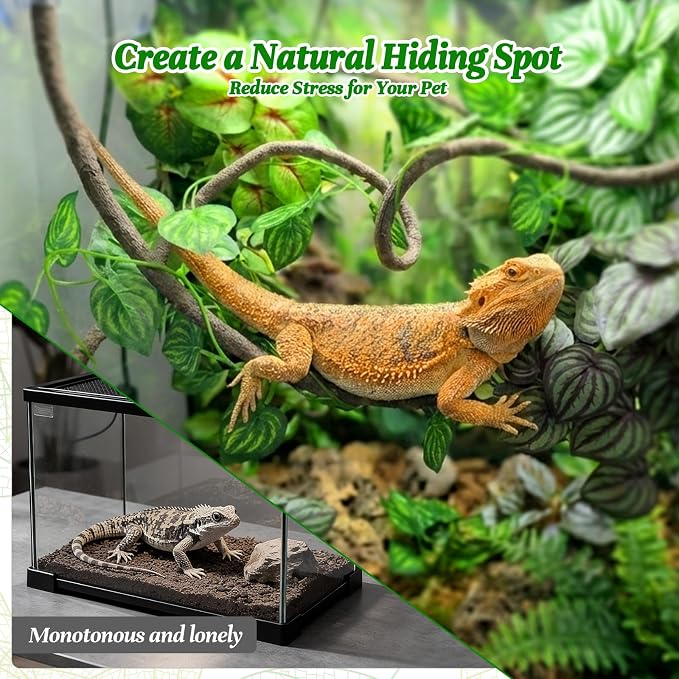 5 Pcs Reptile Plants & Habitat Decor Kit - Artificial Plants & Large 3.3ft Jungle Vine Branch, Artificial Leaves with Suction Cup Tank Decor Accessories for Crested Gecko, Lizard, Snake,Forg,Tortoise