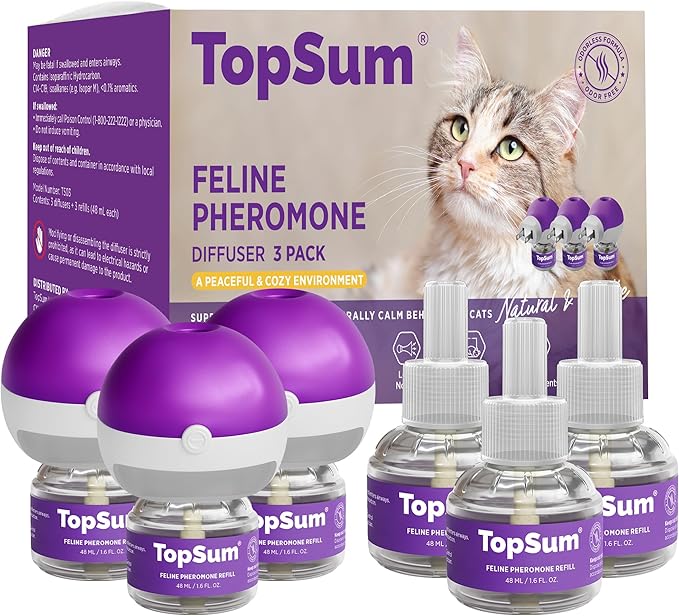 TopSum Cat Calming Pheromone Diffuser: Feline Pheromones Plug in for Stress, Along At Home, Spraying, Fighting, Scratching, Aggression & Excessive Meowing (Purple– 3 Diffusers + 3 Refills)