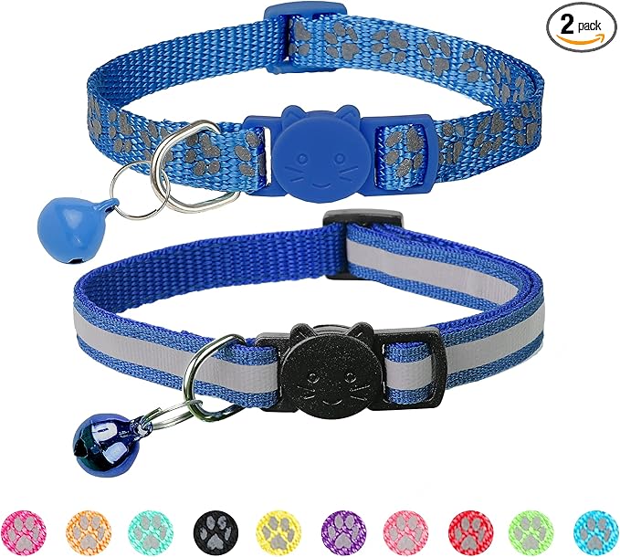 BANMODER 2 Pack Reflective Cat Collar Breakaway with Bell,Personalized Kitten Collars,Adjustable Safety Buckle Collar for Male Cats Girls & Boys (Navy Blue)