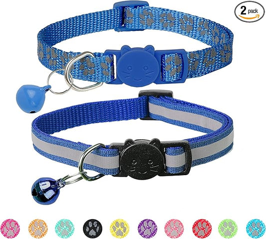 BANMODER 2 Pack Reflective Cat Collar Breakaway with Bell,Personalized Kitten Collars,Adjustable Safety Buckle Collar for Male Cats Girls & Boys (Navy Blue)