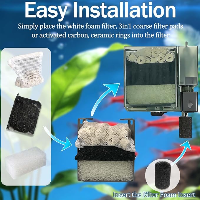 NEWKE 4 Sets of Three-Stage Filtration Filter for AquaClear 50 Power Filter | Maintenance Kit Replacement for Fish Tank Filter for 20 to 50 Gallon Aquarium, 3in1 Carbon & Ceramic ring & Foam & Pre-filter