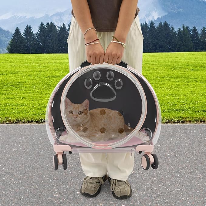 Cat Carrier with Wheels, Breathable Cat Rolling Carrier with Telescopic Handle, Bubble Cat Backpack Carrier, Pet Travel Bag for Small Dogs Pets, up to 19lbs, 15.7" x 10.6" x 17.7" (Pink)