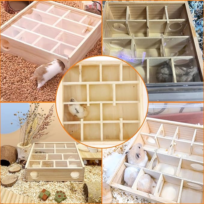 kathson Wooden Hamster Maze House with Transparent Cover,Multi-Chamber Syrian Hamster Hideout Hut,Gerbil Tunnel Exploring Toys Maze Hiding for Dwarf Hamsters,Mice,Small Animals