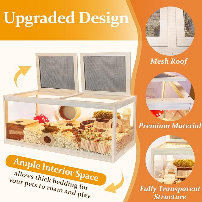PROLEE Hamster Cage with Metal Mesh Top, Chewproof Wooden Guinea Pig Cages, Mice and Rat Habitat,Large Hamster Cages with Acrylic Sheets Solid Built (48X20X20 Inch)