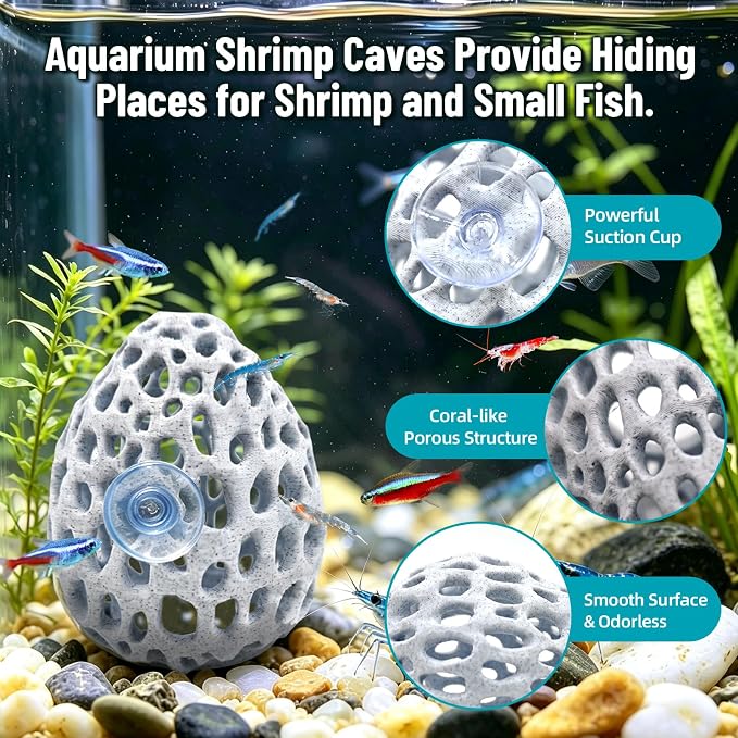 Obfuscate Shrimp Hides for Aquarium, Realistic Coral Rock Aquarium Decor | Shrimp Cave with Suction Cup, Non-Toxic PETG,Shrimp Tank Accessories,Fish Tank Hideout for Small Fish, Shrimp,Guppies, Betta