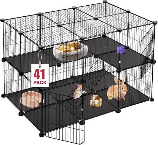 VISCOO 41 Panels Pet Playpen, 35.4" L x 23.6" W x 23.6" H Small Animal Playpen with 2 Doors, C&C Cage for Guinea Pigs,Rabbit,Bunny,Hedgehogs, Puppy Play Pen Indoor Outdoor, Two-Story Chicken Play Pen