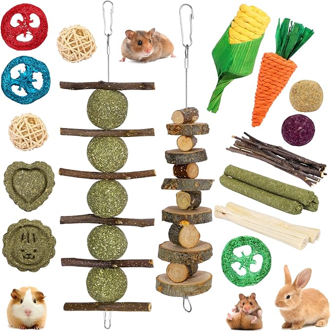 Rabbit Toys Bunny Chew Toys for Teeth, Treats for Chinchilla Rat Squirrel with Natural Apple Wood & Timothy Hay Sticks, Guinea Pig Enrichment Toys Hamster Cage Accessories for Small Pets Indoor
