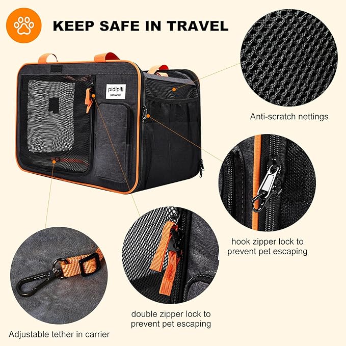 pidipiti 20 x 14 x 14 inches Expandable pet Carrier for 1 Large cat Under 25 lbs,2 Medium Cats 20 lbs+,cat Crate/Bag for Short Trip/Long Distance car Travel