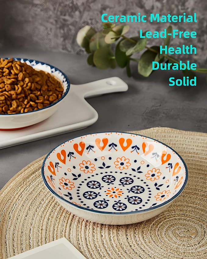 Whisker Fatigue Cat Bowls, Non-Slip Ceramic Cat Food Bowl, Shallow Wide Cats Dishes Whisker Friendly, 3-Pack, 8oz, Boho Pattern, Dishwasher & Microwave Safe