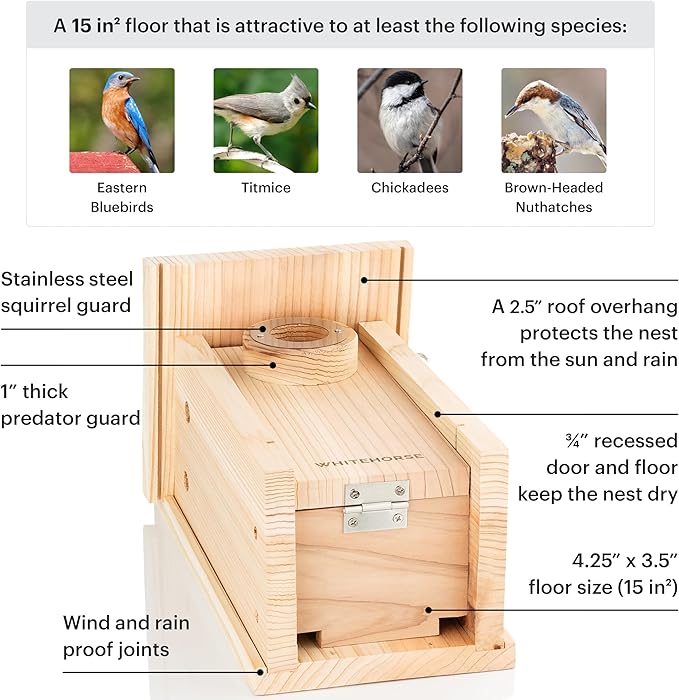 WHITEHORSE Bird House with Pole and 28" Baffle - A Bluebird House Built to NABS Specs - Nestbox for Various Songbird Species - Bluebird Box House - Weatherproof Bird Houses for Outdoors (15” Floor)