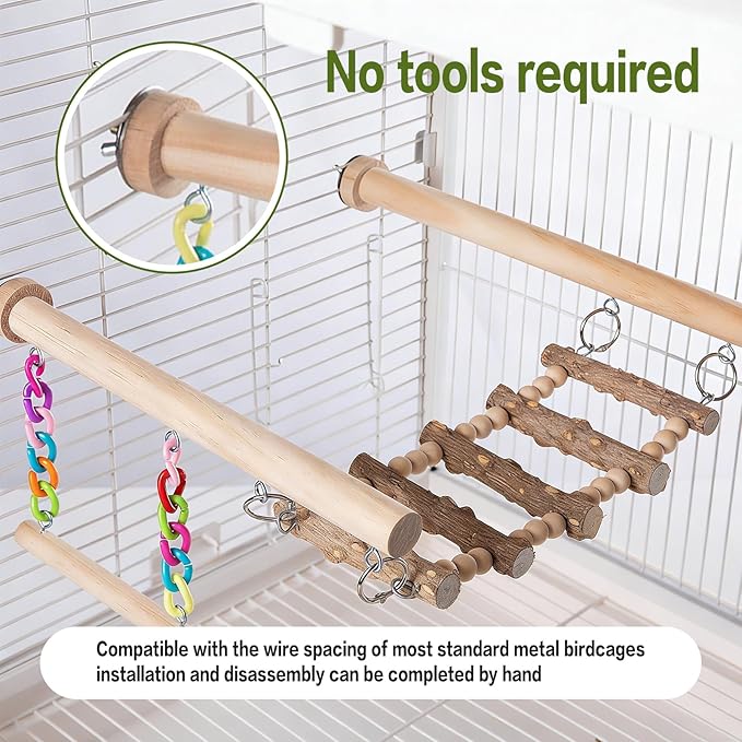 Bird Perches Ladder with Swing, Natural Wood Parrot Climbing Bridge Perch Toys,Wood Climbing Ladder for Parakeet, Exercise Play Stand Parakeet Cage Accessories for Budgie Conure Lovebird Canary,A