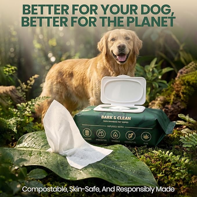 Bark & Clean Dog Wipes for Cleaning and Deodorizing - 2 Pack of 110 8.5" x 9" Bamboo Pet Wipes - Compostable, Hypoallergenic Puppy Wipes - Dog Wipes for Paws, Butt, and Body