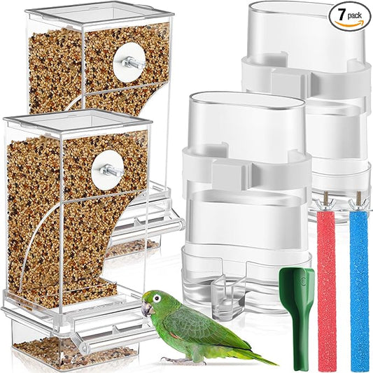 Novabright 7 Pcs No Mess Bird Feeder Water Dispenser Set Include Automatic Parakeet Feeder and Drinker with Bird Paw Grinding Stick Cage Accessories for Small Medium Cockatiel Lovebird(Classic,Clear)