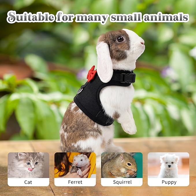 AIITLE Rabbit Harness and Leash Set with Cute Bow, Soft Breathable Mesh Vest Harness for Rabbits Kitten Ferret Puppy Small Pets Walking Supplies Black L