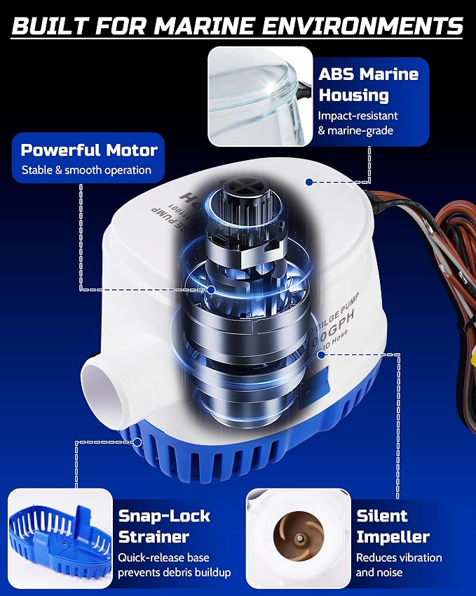 12V Automatic Boat Bilge Pump Kit, 1100GPH DC Marine Pump w/Float Switch | Submersible Water Removal Pump for Fishing Boat, Runabouts, Cruisers, 1-1/8" Outlet, Marine-Grade Hose & Thru-Hull Fitting