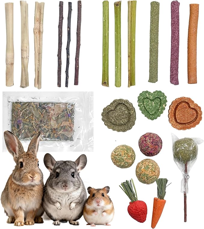 Rabbit Chew Toys, Treats for Guinea Pigs & Hamsters - Natural Chew Sticks & Balls Set for Small Animals, Dental Care Treats for Chinchillas, Bunny - 20+ Toys for Teeth Health (22 Pieces)