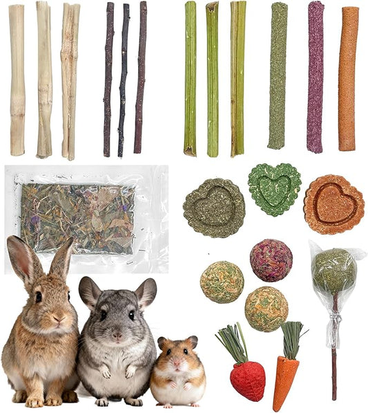 Rabbit Chew Toys, Treats for Guinea Pigs & Hamsters - Natural Chew Sticks & Balls Set for Small Animals, Dental Care Treats for Chinchillas, Bunny - 20+ Toys for Teeth Health (22 Pieces)