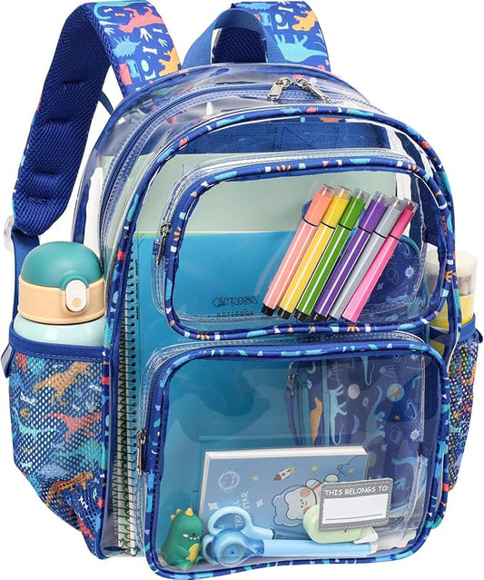Bagseri Clear Backpack for Boys - 15 Inch Heavy Duty Kids Clear Bookbag for Kindergarten to Grade 2, Transparent School Bag with Reflective Strip, Fits Folders, Blue Dinosaur