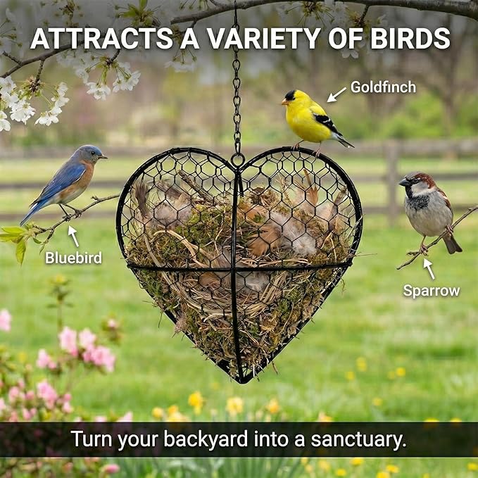 Handmade Alpaca Fiber Bird Nesting Heart - Refillable Bird Nesting Material Holder with Alpaca Wool for Bird Nesting - Outdoor Garden Dispenser & Nesting Material for Wild Birds (1 Set)