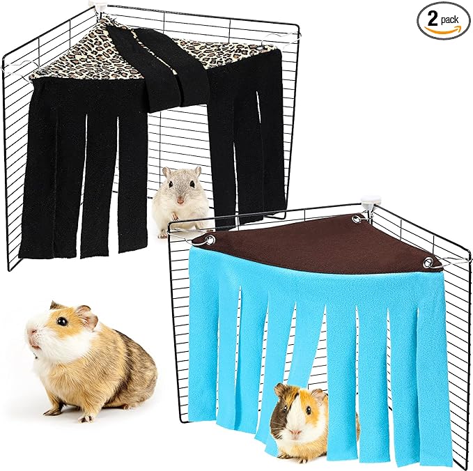 Shappy 2 Pcs Guinea Pig Hideout Hideaway Corner Fleece Toys Cage Accessories Cute Ferret Hammock for Ferrets Chinchillas Hedgehogs Small Pets(Brown with Blue, Black with Orange-Brown, Leopard)