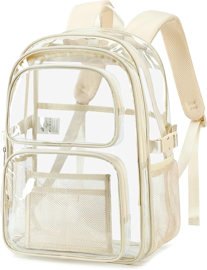 abshoo Large Heavy Duty Girls Clear Backpack for School Bookbag Transparent Multi Pocket Backpacks for Women (Beige)