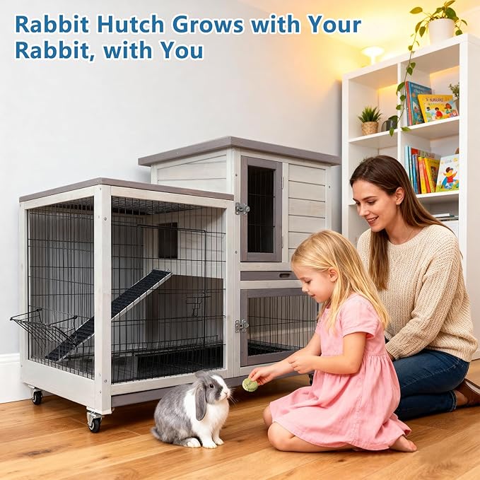 FunXplore 2-Tier Rabbit Cage & Bunny Hutch Indoor Outdoor, 4 Metal Wheels, Chew-Resistant Aluminum-Edged Frames & Ramps, Leak-Proof Trays, Easy Assembly, Spacious for Rabbits & Small Animals