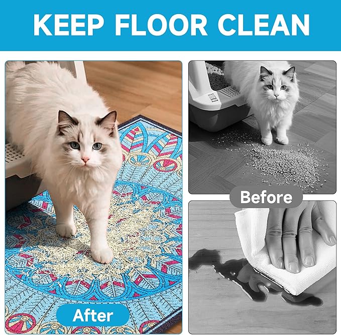 Cat Litter Mat, 35" x 23" Litter Box mat, Traps 100% Litter, Non-Slip Kitty Litter Trapping mats, Large Cute Litter mat, Easy Clean for Scatter Control, Bohe cat Food mat, Urine Waterproof