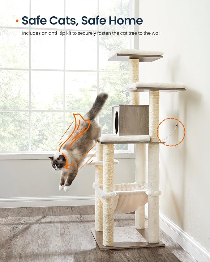 SONGMICS HOME Cat Tree Tower, Multi-Level Cat Condo with Hammock and Sisal Scratching Posts, Furniture for Indoor Large Cats, Greige