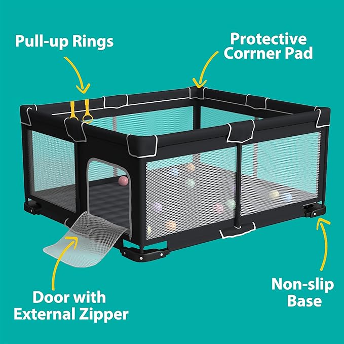 ICAREWAY Foldable Playpen for Babies and Toddlers, 71x59 Inches Portable Playpen, Kids Collapsible Play Pen with 2 Handlers, Indoor & Outdoor Baby Play Area with Visible Mesh (Black)
