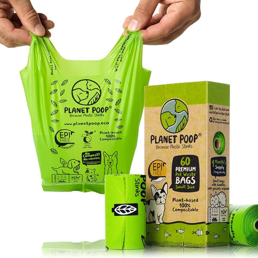 PLANET POOP Home Compostable Dog Poop Bags for Small Pets, 60 Mini Size Dog Waste Bags with Handles, Un-Scented Leakproof Doggy or Cat Bag, Plant Based Pet Supplies