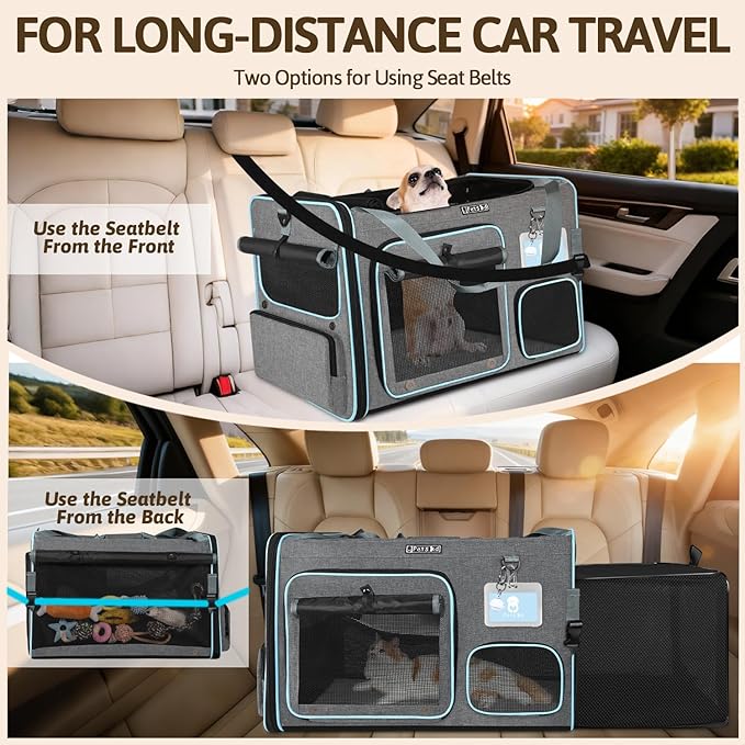 Petskd Side Expandable Extra Large Cat Car Carrier with Collapsible Litter Box for Long Distance Travel,24"x17"x17" Portable Soft Sided Pet Carrier with Roller Shades for 2 Cats Up to 55LBS(Grey)