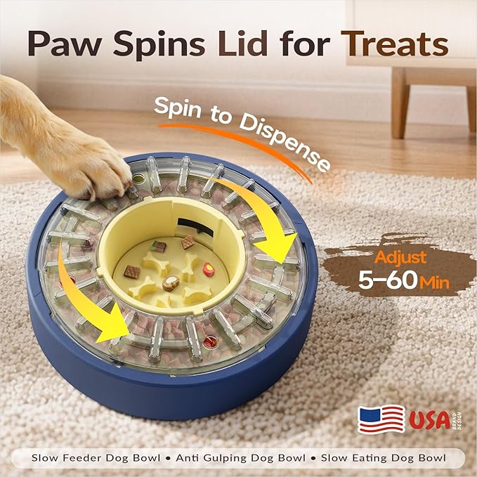 KADTC 5-60 Min Adjustable Slow Feeder Bowl for Fast Eaters, Spinning Dog Puzzle Feeder, Anti-Gulping Interactive Food Dispenser, 4-Cup Capacity, Mental Enrichment Treat Toy
