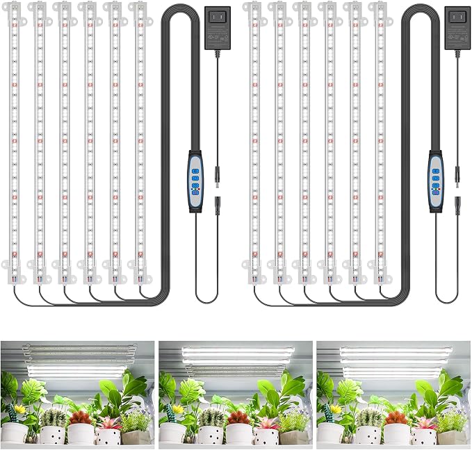 Wiaxulay 16in Grow Light Strip for Indoor Plants Seed Starting, 36W, 2 Pack | 6 Bars with 360 LEDs Full Spectrum Plant Lights, Auto Timer 6/12/16 Hrs, 3 Lighting Modes, 5 Dimmable Levels