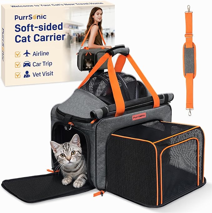 Cat Carrier Soft Sided Airline Approved for Small Pet Dog Travel, Collapsible Top Loading Bag for Medium Animal Kitten Puppy Long Car Trip, Expandable Fabric Sturdibag for Kitty Under 20 lb