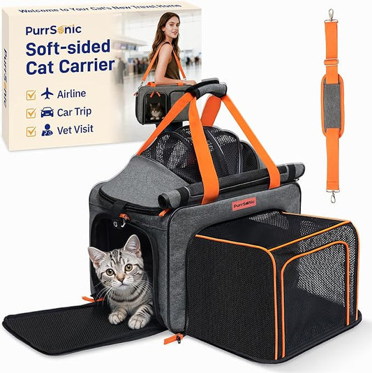 Cat Carrier Soft Sided Airline Approved for Small Pet Dog Travel, Collapsible Top Loading Bag for Medium Animal Kitten Puppy Long Car Trip, Expandable Fabric Sturdibag for Kitty Under 20 lb