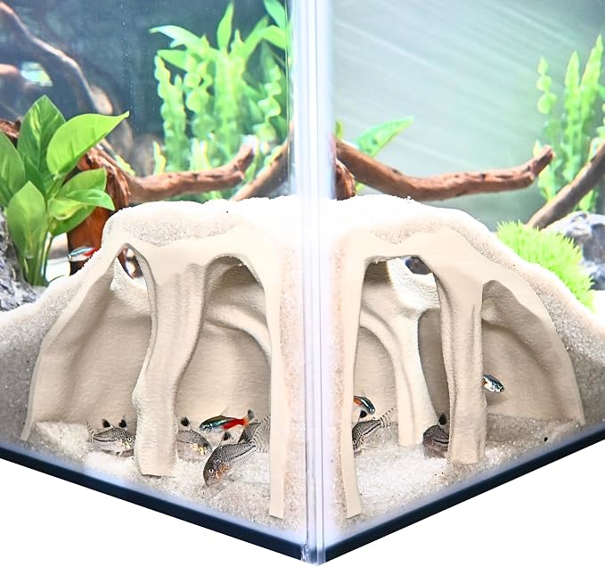 Aquarium Corner Underground Cave Natural Mangrove Tree | Viewing Fish Under Gravel Tunnel Hide | Fish Tank Hideout Decor Decoration Enrichment for Corydora Catfish, Loaches, Pleco, Betta (Bone White)