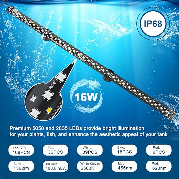 hygger 24/7 Mode Submersible Aquarium LED Light, Full Spectrum Hidden Fish Tank Light with 3 Rows Beads 7 Colors Auto On Off Sunrise-Daylight-Moonlight, Adjustable Timer Brightness
