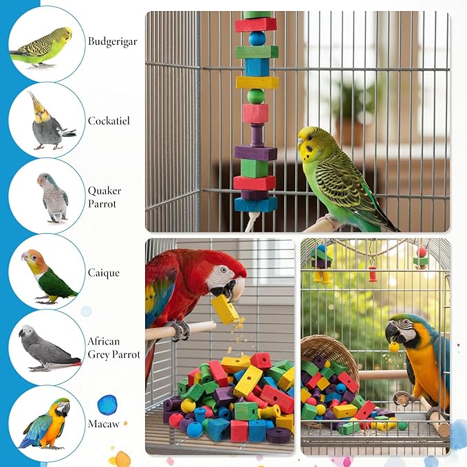 Bird Toys for Parrot, 165 Pcs Colorful DIY Wooden Blocks Craft, Cage Chewing Playing Training Toy for Cockatoos, Macaws, African Grey and Small Medium Parrots