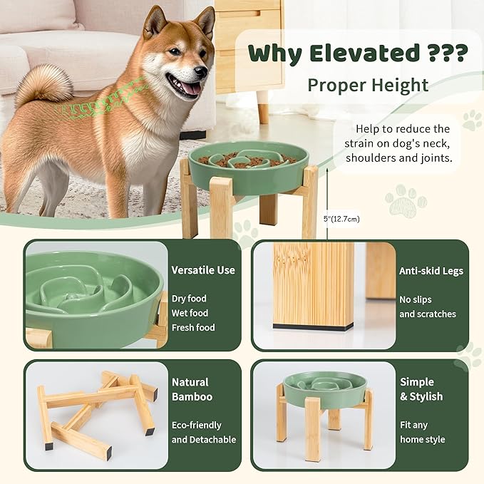 Elevated Slow Feeder Dog Bowl Large Breed, 8.8 Inch Ceramic Slow Eating Bowl with Bamboo Stand, Anti-Choking Raised Maze Design for Medium to Large Dogs, 3.2 Cup, Green