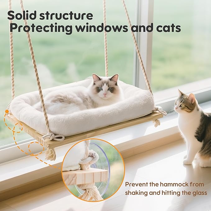 Cat Window Perch, Cat Hammock Bed with Solid Wood Seat 4 Heavy Duty Suction Cups, Plush Cushion, Indoor Pet Window Hammock for Cats for Large Cats