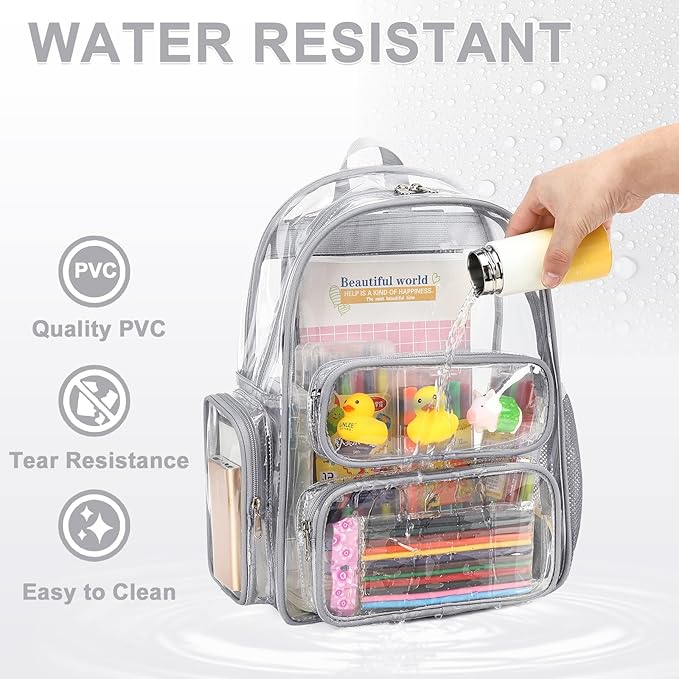 CAMTOP Clear Backpack Heavy Duty Transparent Bag See Through BookBag for Student School Work Festival Sport Travel (Grey)