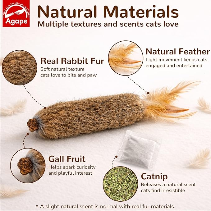 Agape Rabbit Fur Cat Toys, 3-Pack with Catnip & Silvervine Gall Fruit, Interactive Chew and Kicker Toys for Indoor Cats and Kittens, Helps Clean Teeth, Relieves Boredom and Promotes Exercise
