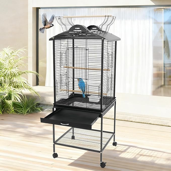 Large Playtop Bird Cage with Rolling Stand, 48 Inch Metal Frame Bird Habitat with Skylight Door & Pull-Out Tray for Cockatiel Budgie Lovebird Sun Conure