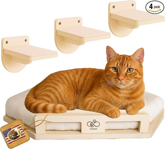 Cat Wall Shelves for Cats & Kitten up to 25 lb – Solid Wood Cozy Corner Bed + Cushion with 2 Washable Covers +3 Wooden Steps, Safe Haven for Indoor Cats, Cat Shelves for Wall, Wood Color