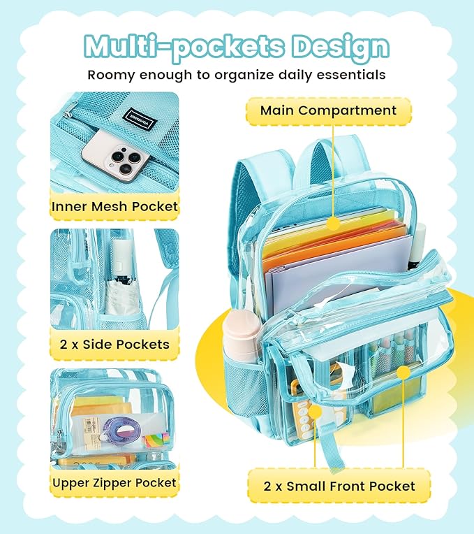 Vorspack Clear Backpack - Heavy Duty Transparent Bookbag for Adults Large See Through backpacks for Work, College, Travel - Sky Blue