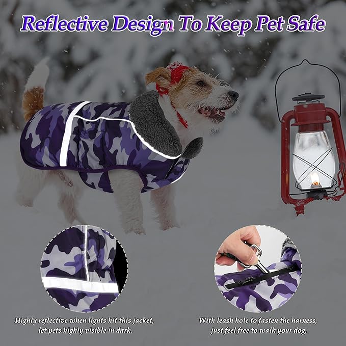 Dogcheer Warm Dog Coat, Waterproof Dog Jacket Christmas Puppy Winter Coat with Buckle, Reflective Adjustable Pet Snow Jacket Turtleneck Fleece Sweater for Small Medium Large Dogs - Camo Purple, L