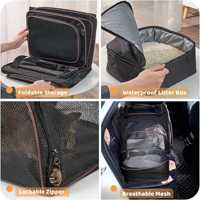 Large Cat Travel Carrier with Litter Box, 17.3"×13"×16" Expandable Cat Carrier for Car Travel, Soft Sided Pet Carrier for Cats/Puppies up to 25lbs, Black