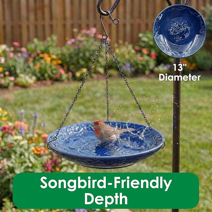 Blue Ceramic Bird Bath Bowl - Hanging Bird Baths for Outdoors - 12-Inch Glazed Ceramic Bowl with Embossed Bluebird & Flower Design - Metal Chain & Hook