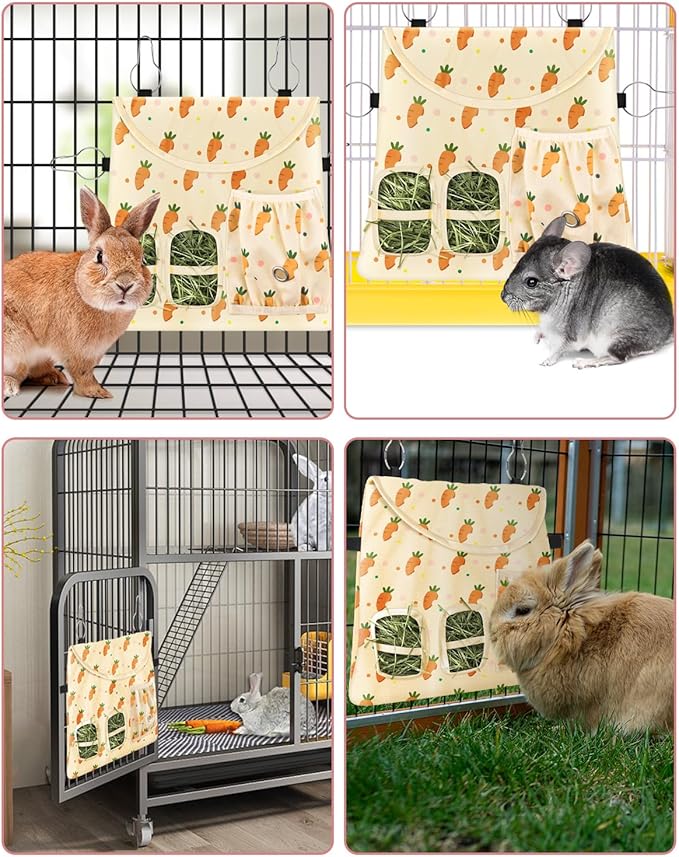 Bissap Rabbit Hay Feeder Bag, 2 Holes Hanging Hay Feeder Guinea Pig Hay Bag with Side Pocket for Rabbits Bunny Chinchillas Hamsters Rats and Other Small Pets Small Animal - Beige